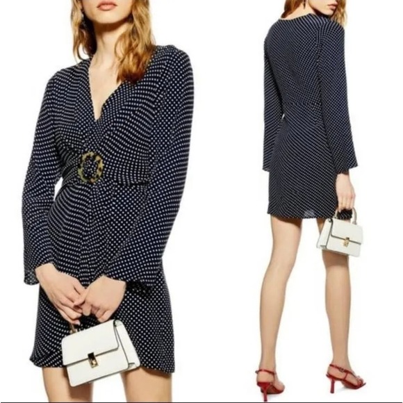 Topshop Black white Polka Dot Tortoise Ring Long Sleeve Mini Dress size‎ 6 new - Picture 1 of 14